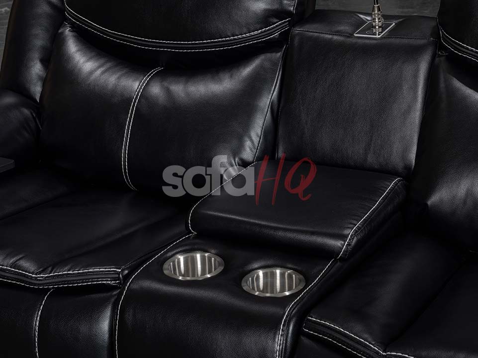 Cup-Holders of 3 Seater Black Aire Leather Electric Recliner Sofa - Sofa Highgate | Sofa HQ