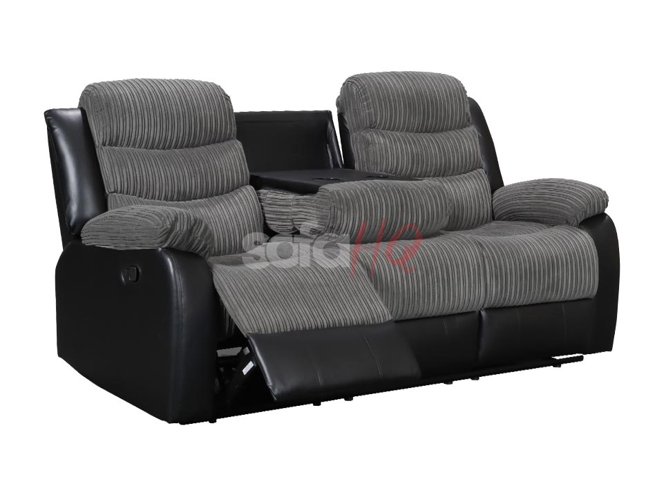 Reclined 3 Seater Black Corded Fabric & Leather Recliner Sofa - Sofa Sorrento | Sofa HQ