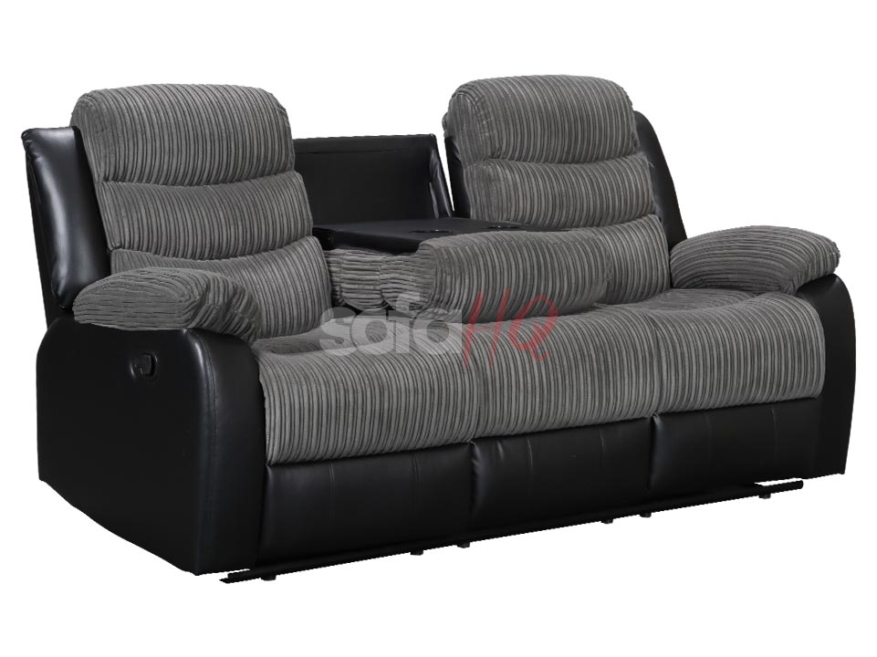 Folded Backrest of 3 Seater Black Corded Fabric & Leather Recliner Sofa - Sofa Sorrento | Sofa HQ