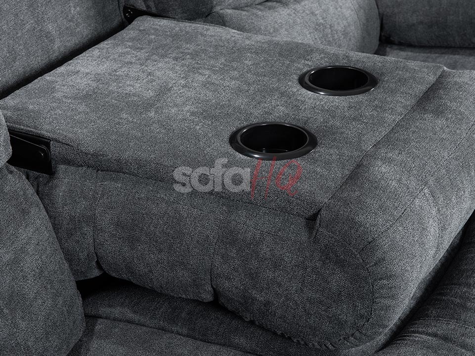 Cupholders of 3 Seater Dark Grey Soft Fabric Recliner - Sofa Sorrento | Sofa HQ